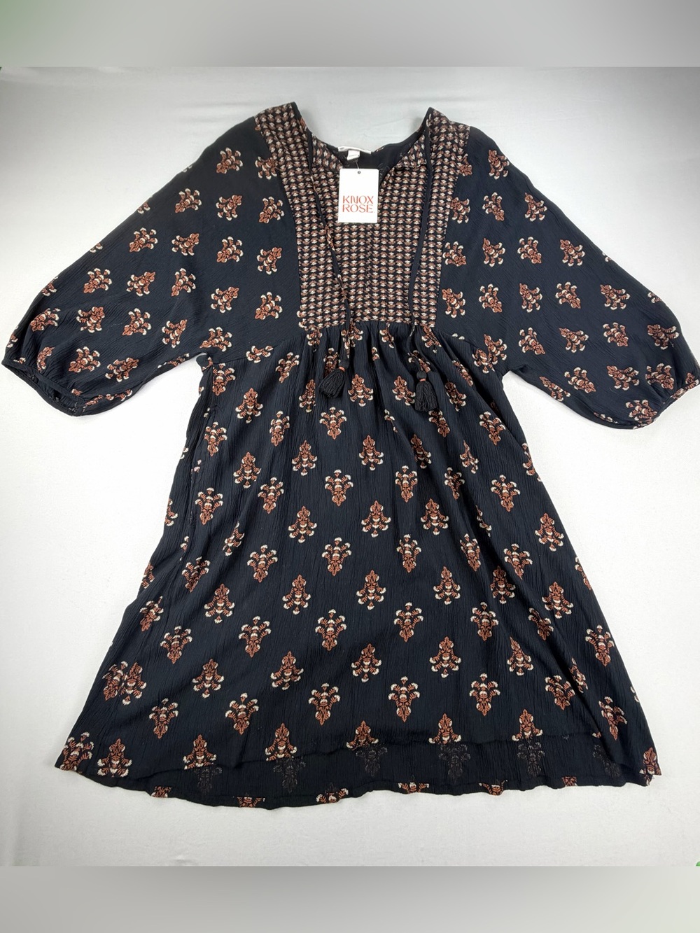 Knox Rose Boho Floral Babydoll Dress Small Black Balloon Sleeve NWT